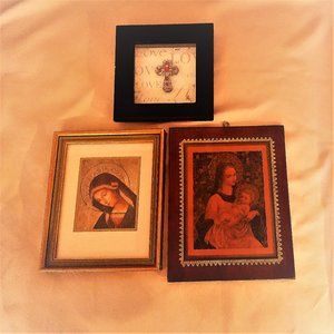 Vntg Lot 3 Madonna, Ave Maria Gratia Plena & Love Cross Shadow Box Black Frame